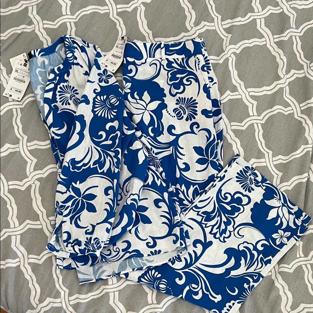 NWT ZARA Linen cotton matching set blue and white set sz XL